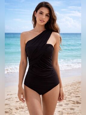 Garnet Hill Elegant One-Shoulder Black Ruched Swimsuit One Piece Bathing Suit